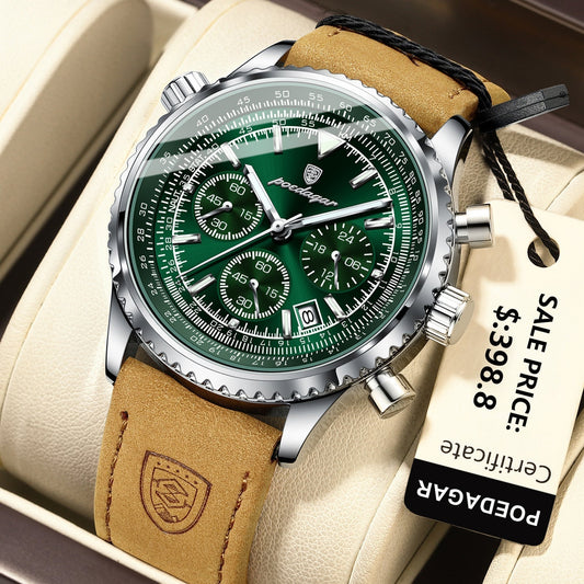 POEDAGAR Luxury Chronograph Leather Men's Watch