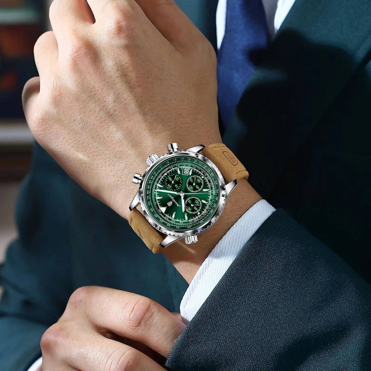 POEDAGAR Luxury Chronograph Leather Men's Watch