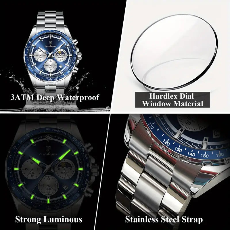 POEDAGAR Men's Stainless Steel Chronograph Watch