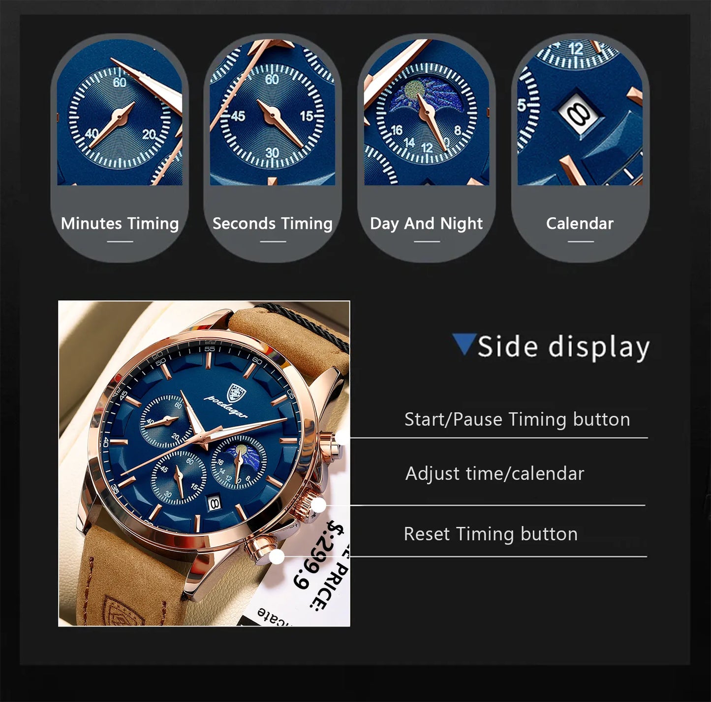 Poedagar Men’s Luxury Chronograph Leather Watch