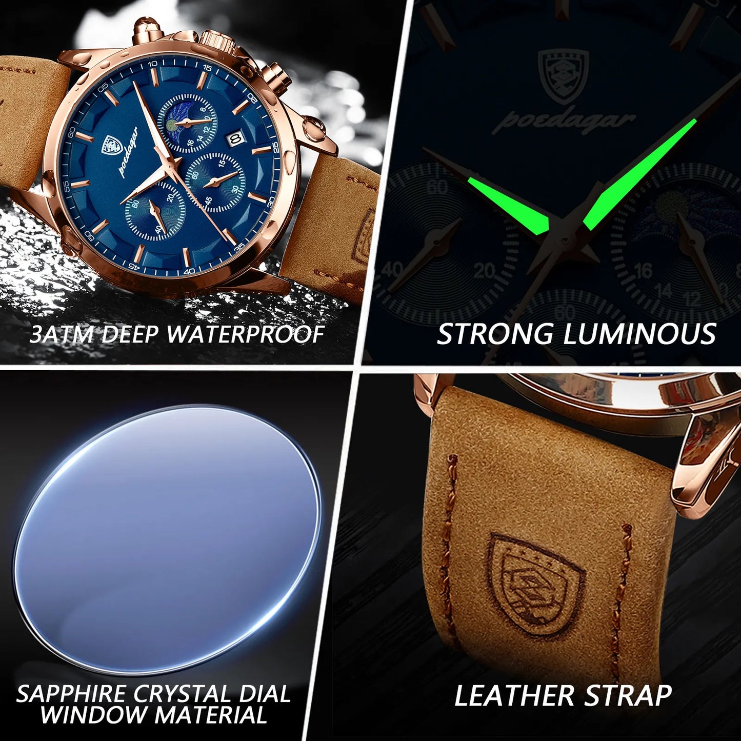 Poedagar Men’s Luxury Chronograph Leather Watch