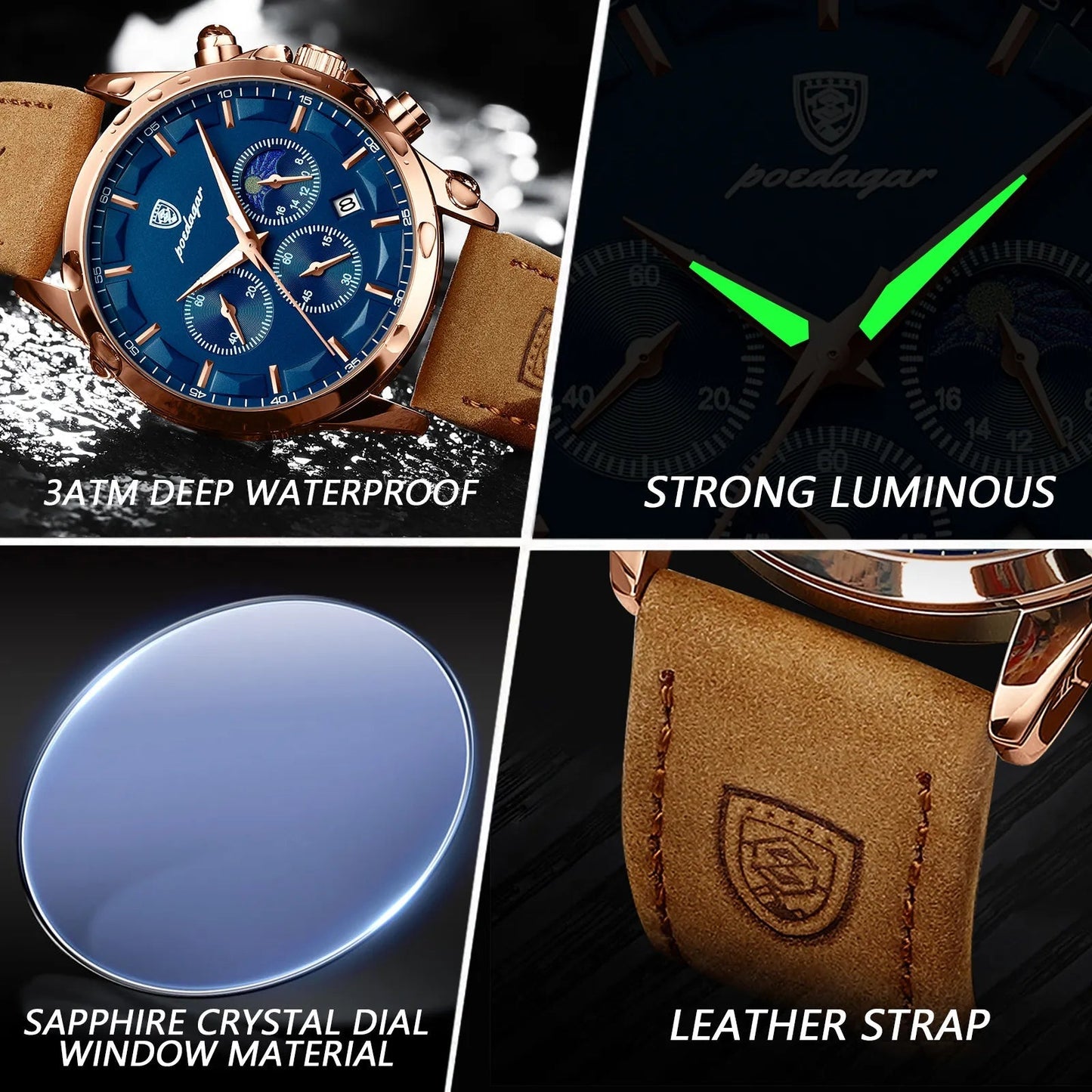 Poedagar Men’s Luxury Chronograph Leather Watch