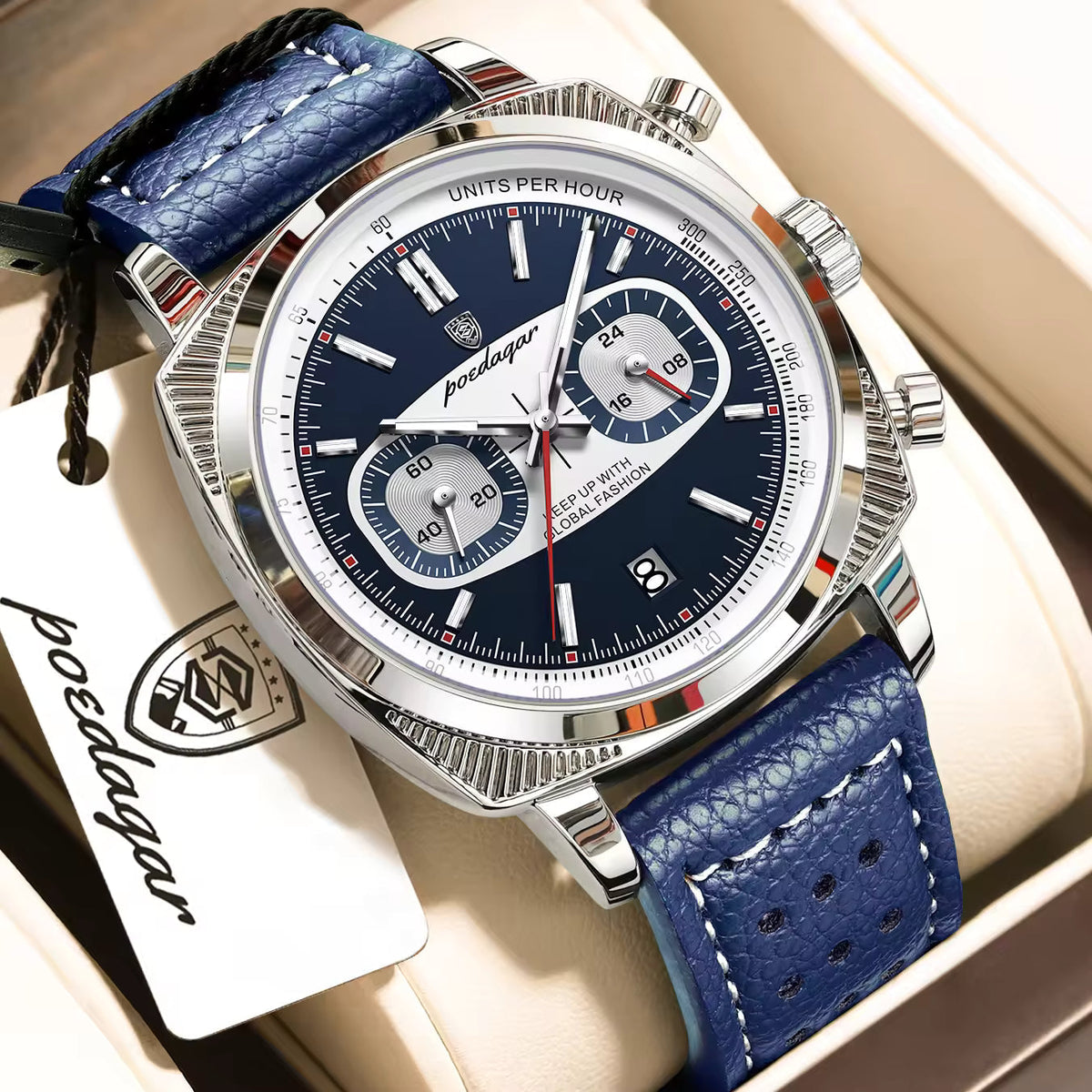 Poedagar Leather Strap Chronograph Men Watch