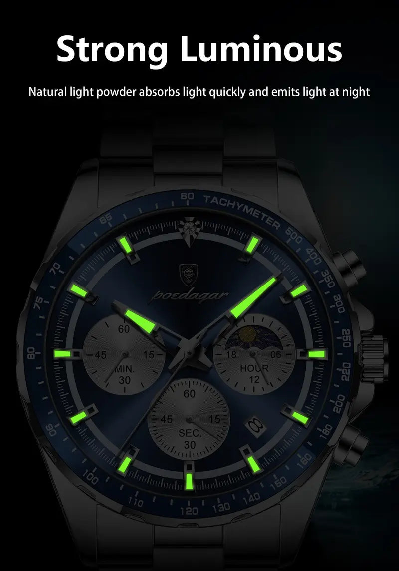 POEDAGAR Men's Stainless Steel Chronograph Watch