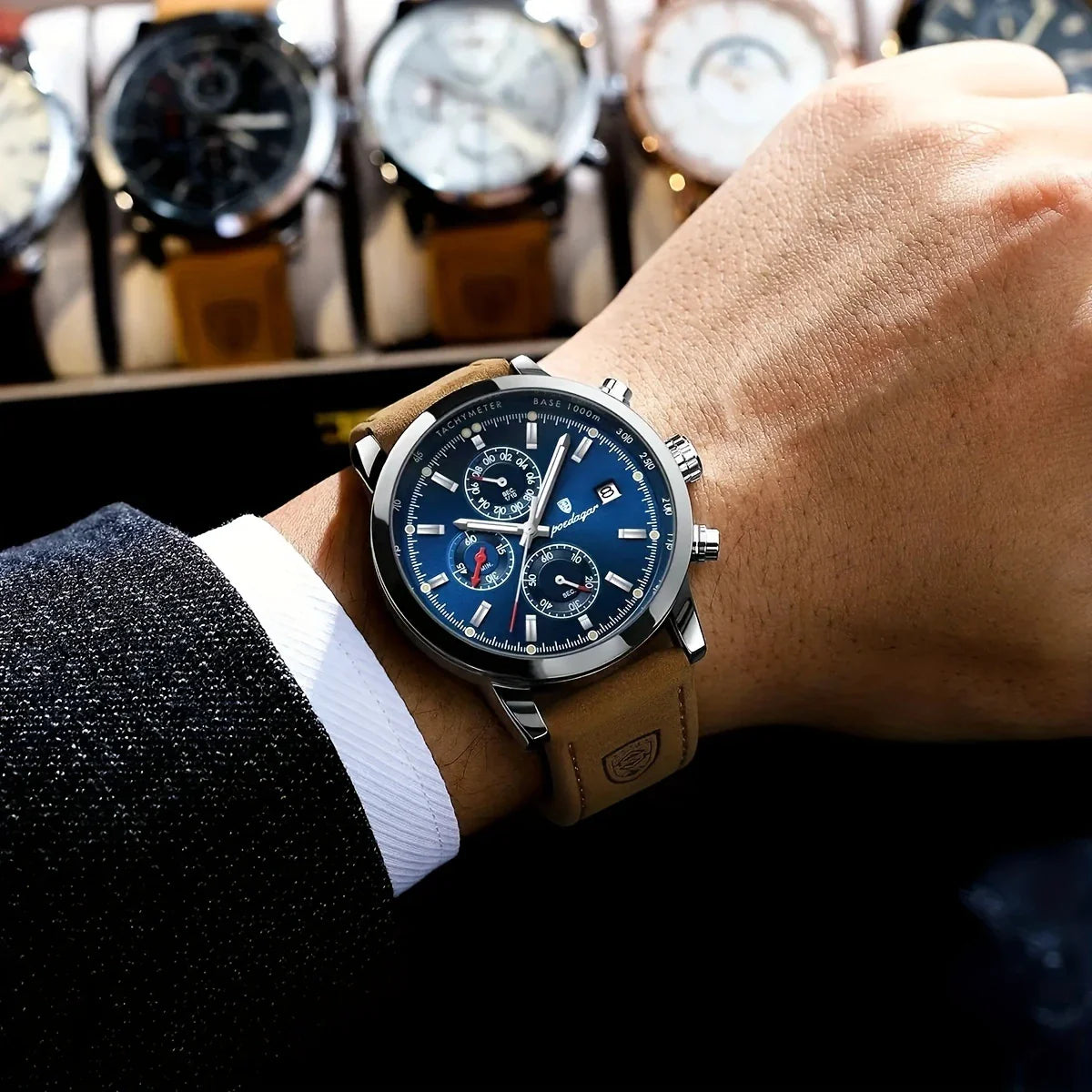 POEDAGAR Men's Chronograph Leather Watch