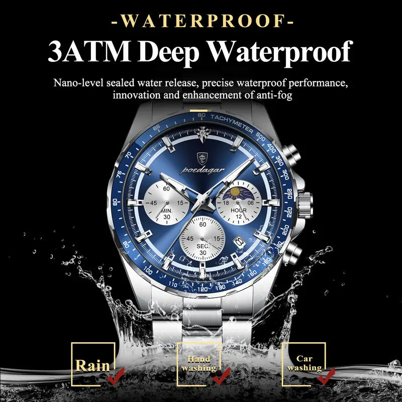 POEDAGAR Men's Stainless Steel Chronograph Watch