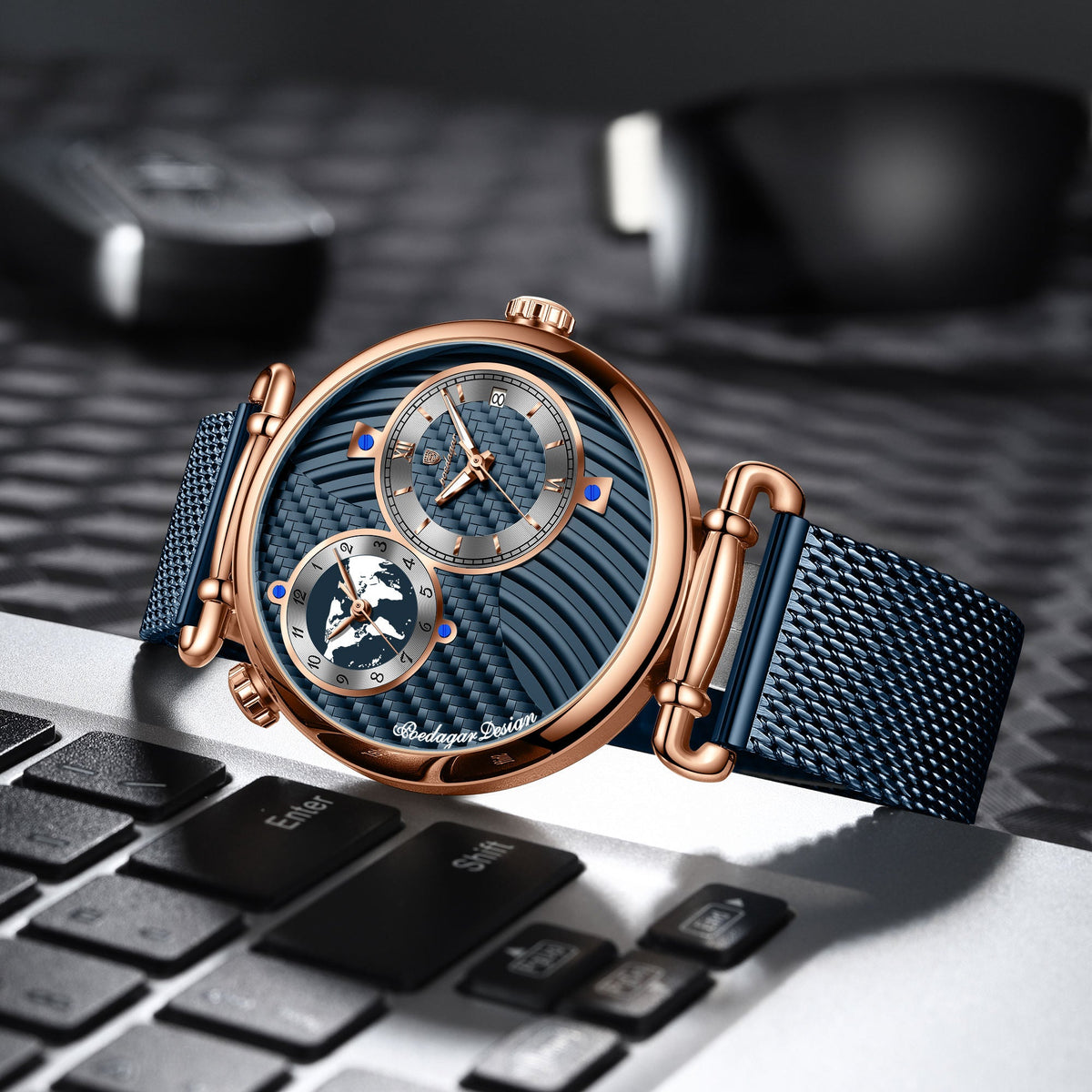 POEDAGAR Mesh Stainless Steel Strap Men Watch
