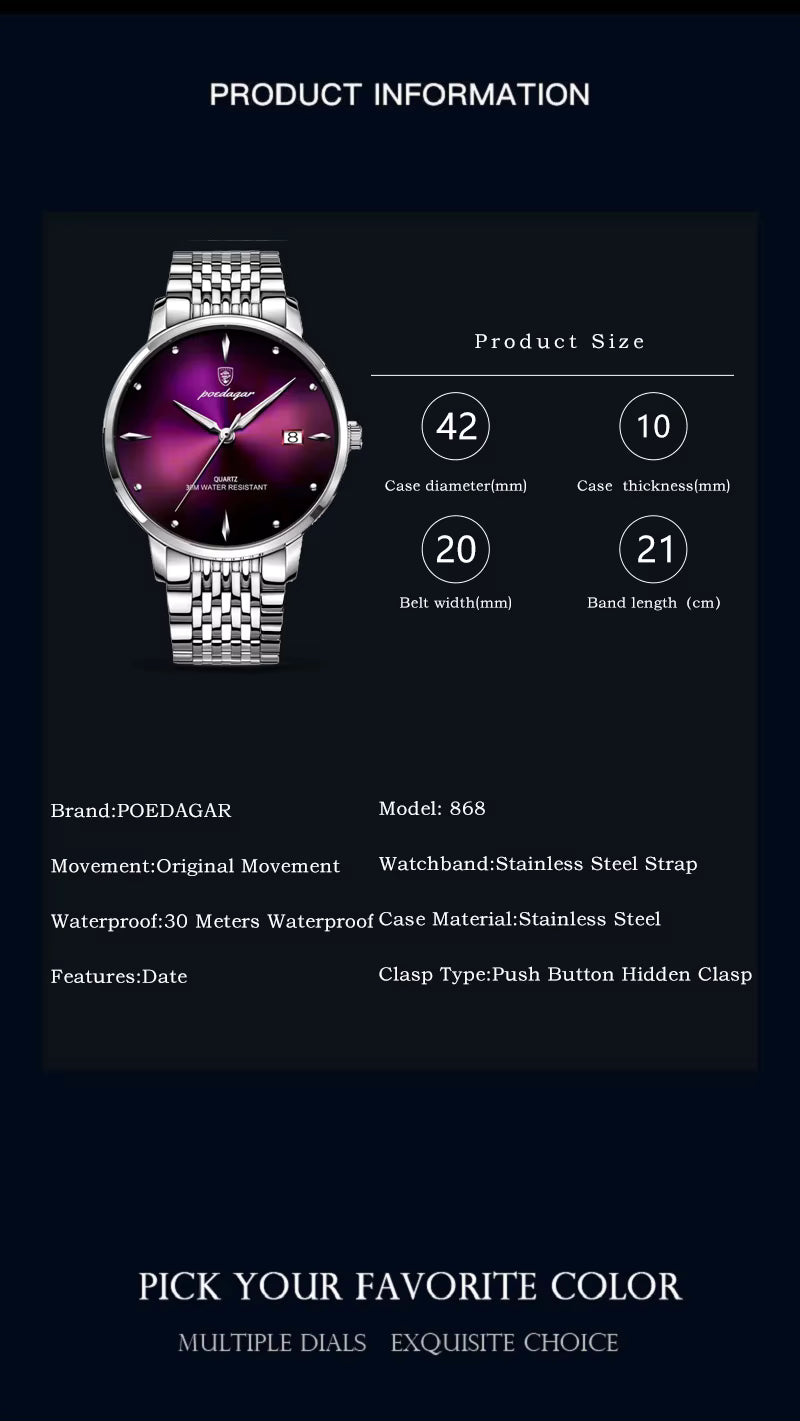 Poedagar Luxury Stainless Steel Watch