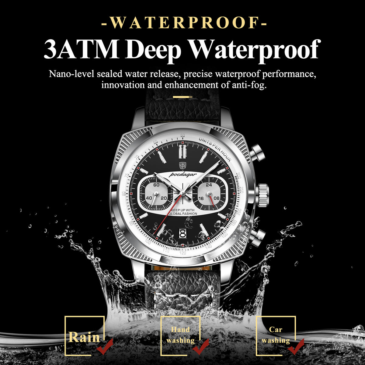 Poedagar Leather Strap Chronograph Men Watch