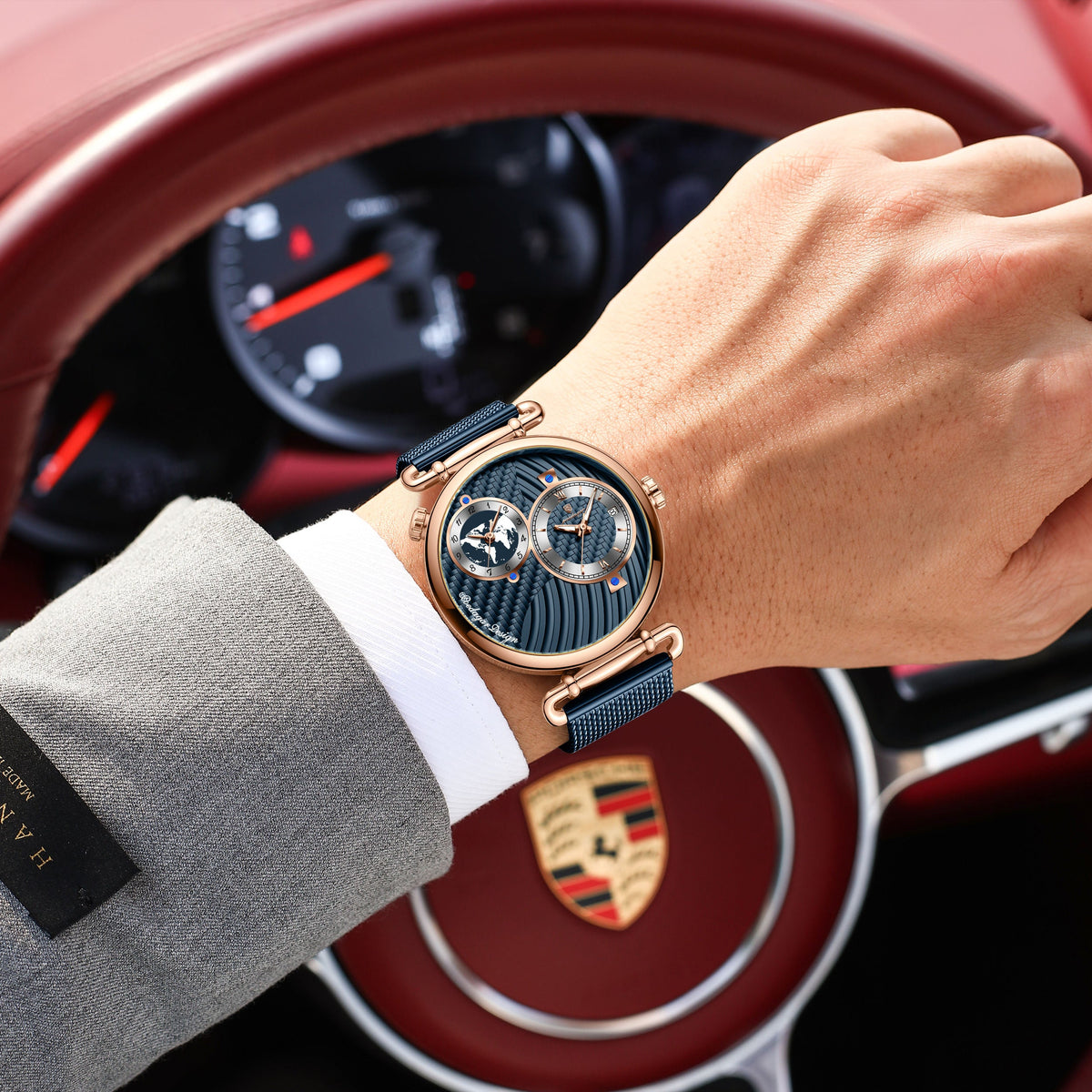POEDAGAR Mesh Stainless Steel Strap Men Watch