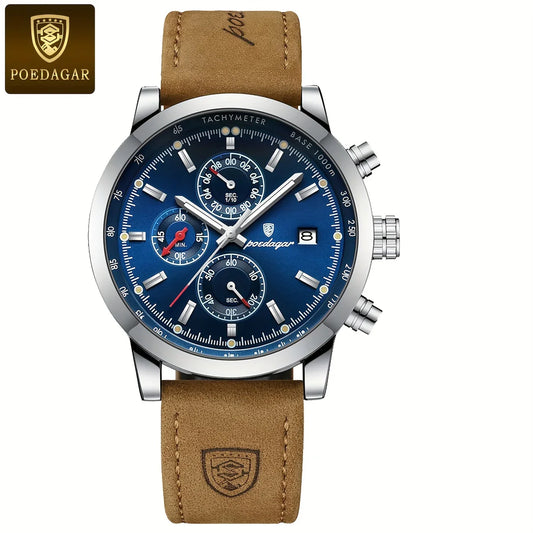 POEDAGAR Men's Chronograph Leather Watch